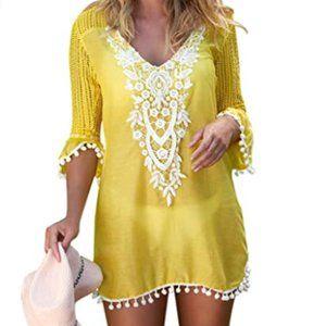 Women Pom Pom Trim Tassel Lace Crochet Cover Up